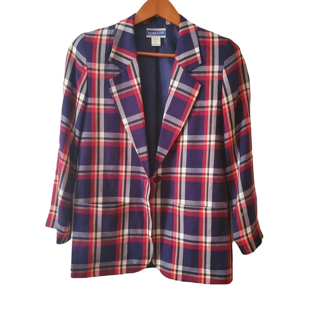 Pendleton Women's Vintage Red Blue Tartan Plaid Blazer Jacket Top Size Petite - Picture 2 of 12